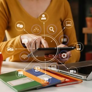 Social media and Marketing virtual icons screen tablet.